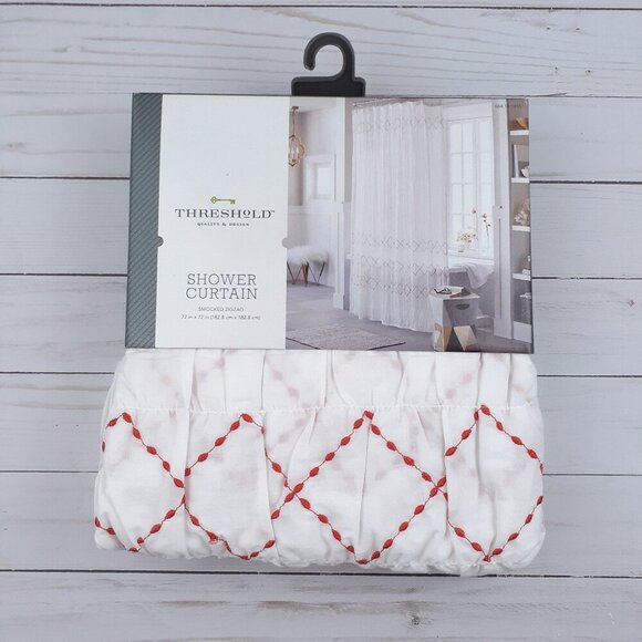 Threshold Fabric Shower Curtain 72x72 Smocked ZigZag Orange White - Picture 1 of 3